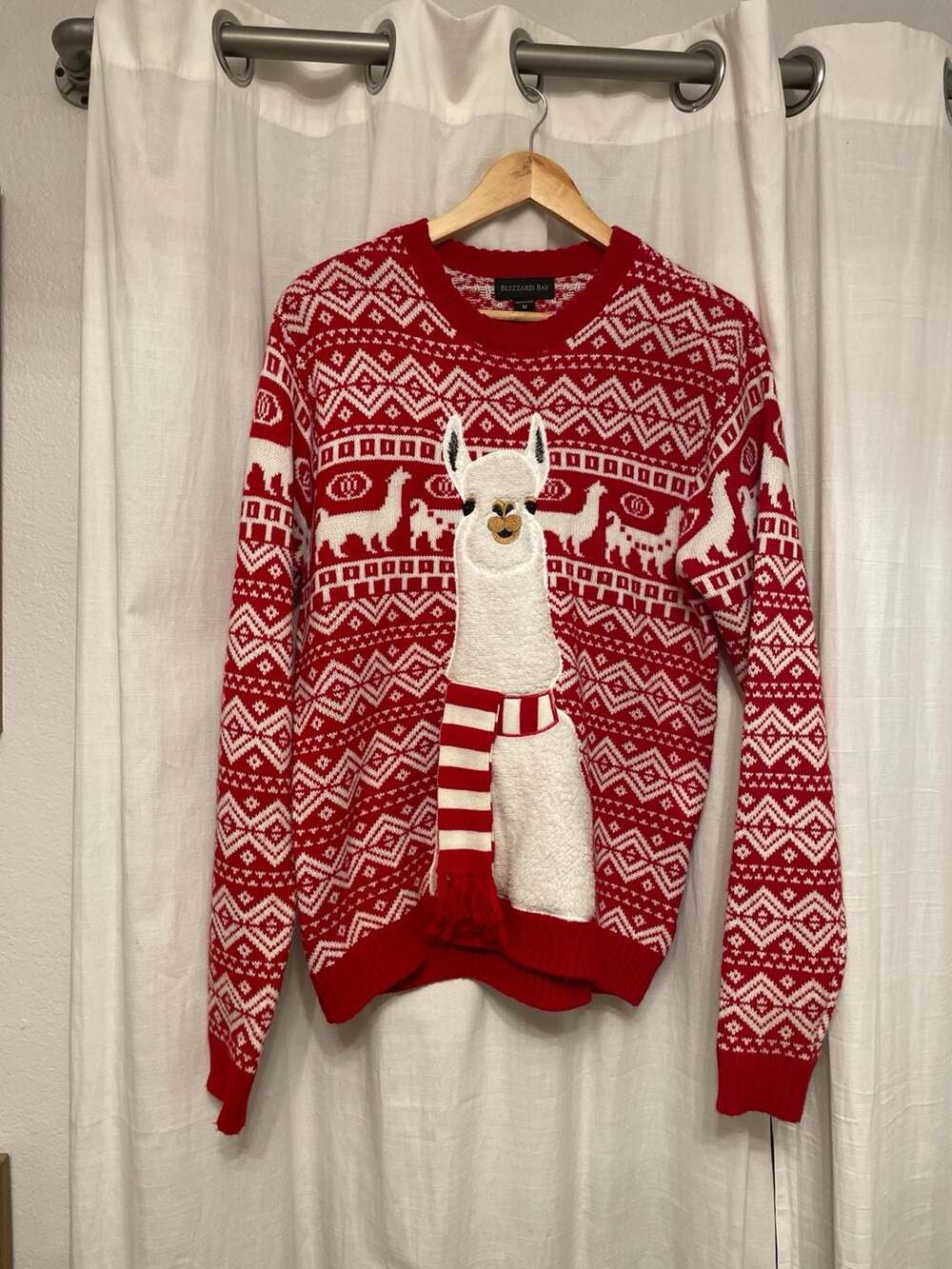 Blizzard Bay Red Fair Isle Christmas Sweater With 3D Llama and Scarf Detail